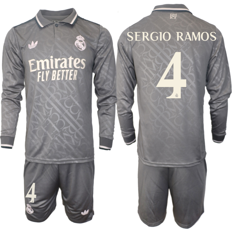 Men 2024-2025 Club Real Madrid away Long Sleeves Grey #4 Soccer Jersey->real madrid jersey->Soccer Club Jersey